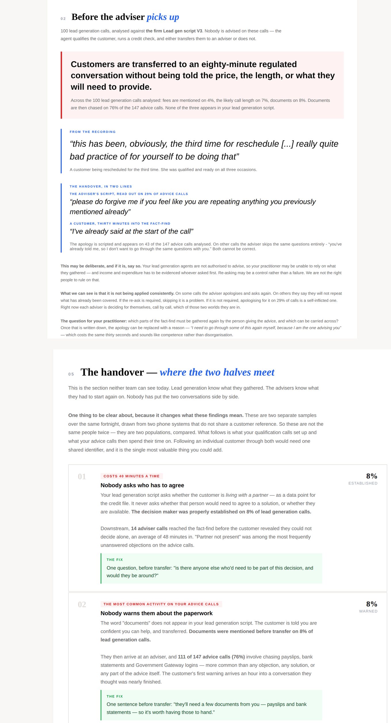 Pages from a Cognifai review: the customer's own words, and the diagnosis with the fix beside it